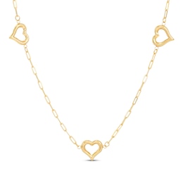 Polished Heart Outline Paperclip Station Necklace 14K Yellow Gold 18&quot;