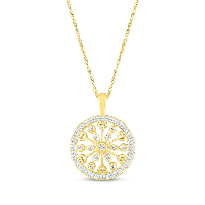 Diamond Hearts & Flower Medallion Necklace 1/6 ct tw 10K Yellow Gold 18"