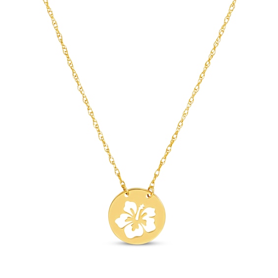 Hibiscus Flower Cutout Charm Necklace 14K Yellow Gold 18"