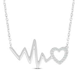 Diamond Heartbeat & Heart Outline Necklace 1/15 ct tw Sterling Silver 18&quot;