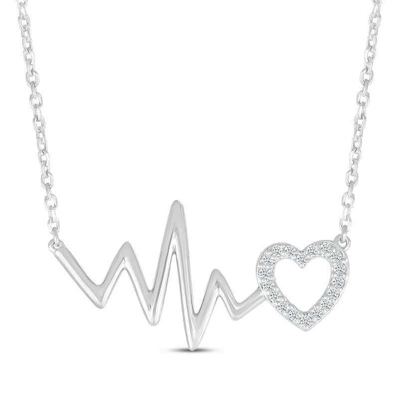 Diamond Heartbeat & Heart Outline Necklace 1/15 ct tw Sterling Silver 18"