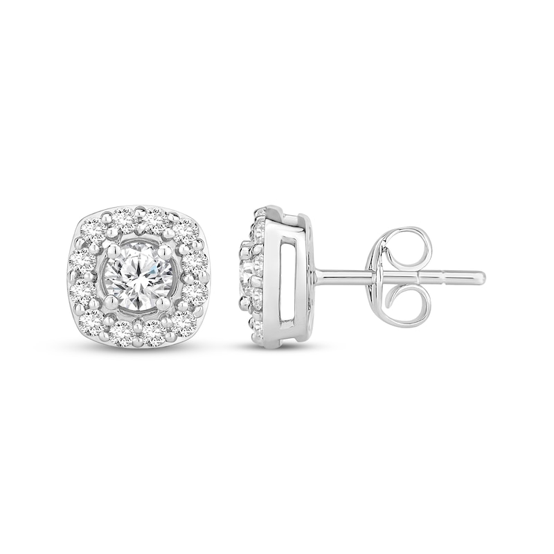 Main Image 1 of Diamond Cushion-Shaped Halo Stud Earrings 1 ct tw 10K White Gold