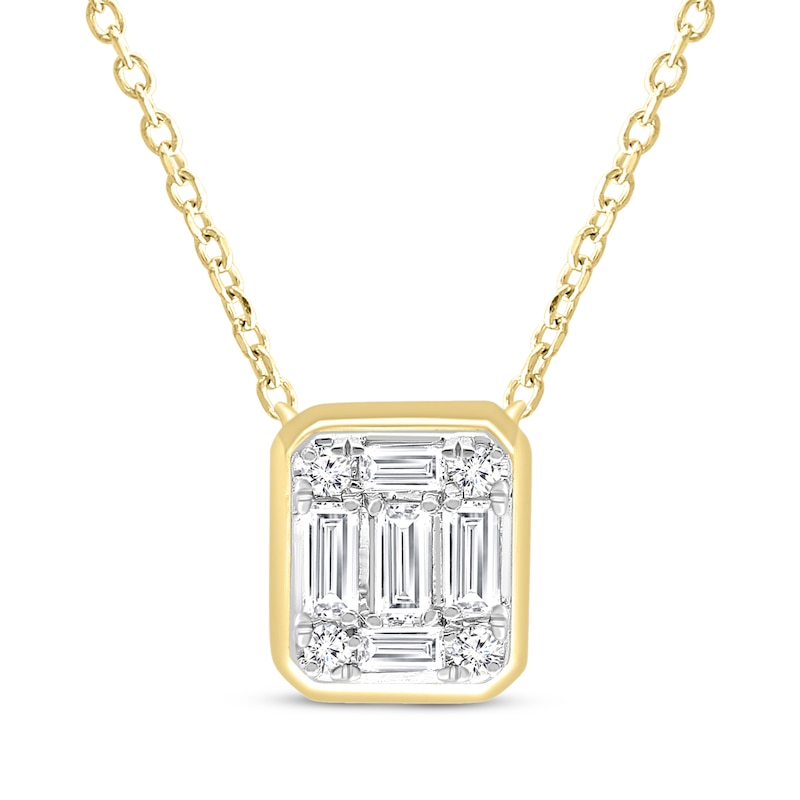 Main Image 1 of Baguette & Round-Cut Multi-Diamond Bezel-Look Necklace 1/5 ct tw 10K Yellow Gold 18&quot;