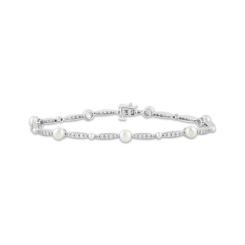 Main Image 1 of Cultured Pearl & White Lab-Created Sapphire Link Bracelet Sterling Silver 7.5&quot;