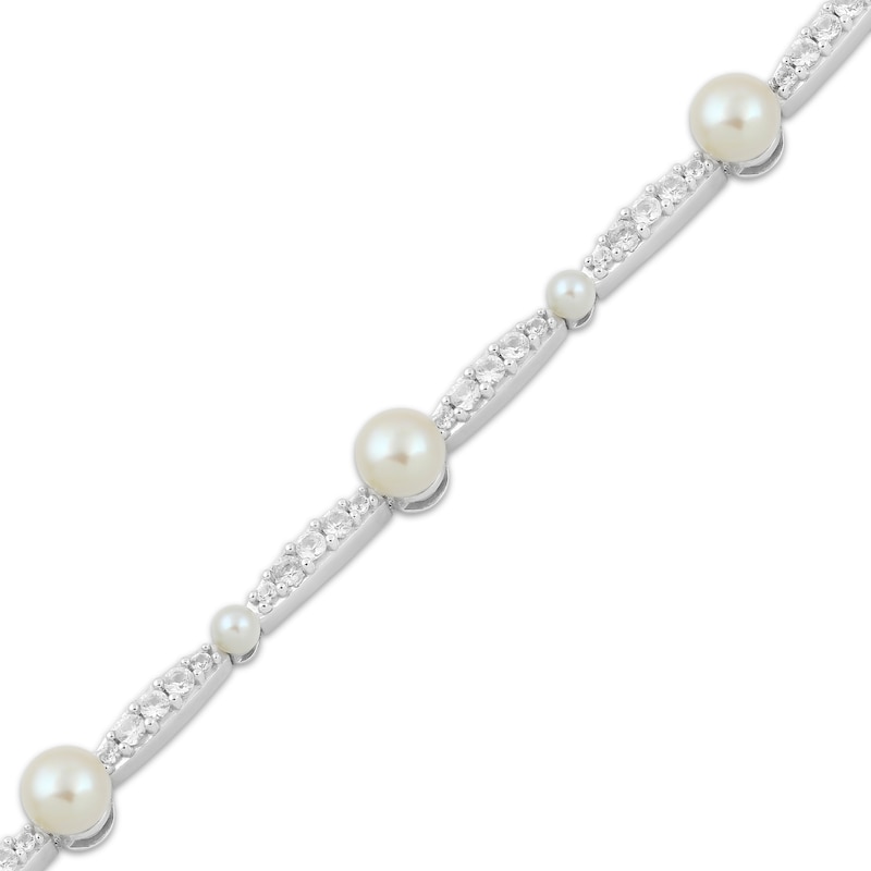 Main Image 2 of Cultured Pearl & White Lab-Created Sapphire Link Bracelet Sterling Silver 7.5&quot;