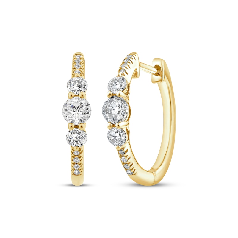 Main Image 1 of Memories Moments Magic Diamond Three-Stone Hoop Earrings 5/8 ct tw 10K Yellow Gold