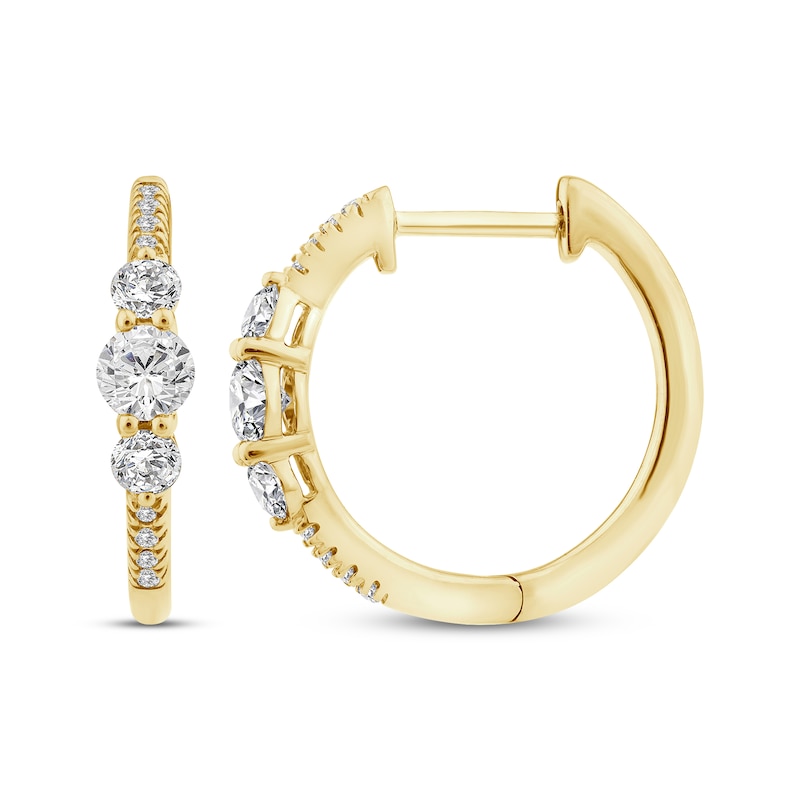 Main Image 3 of Memories Moments Magic Diamond Three-Stone Hoop Earrings 5/8 ct tw 10K Yellow Gold