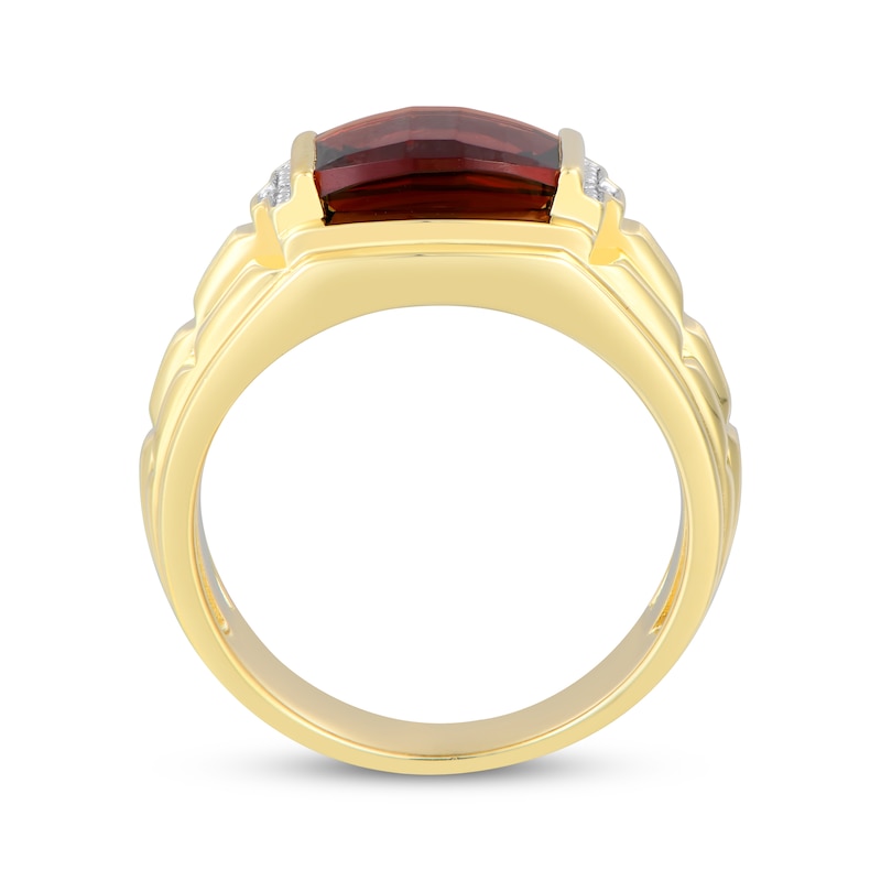 Main Image 3 of Men's Barrel-Cut Garnet & Diamond Accent Ring 10K Yellow Gold