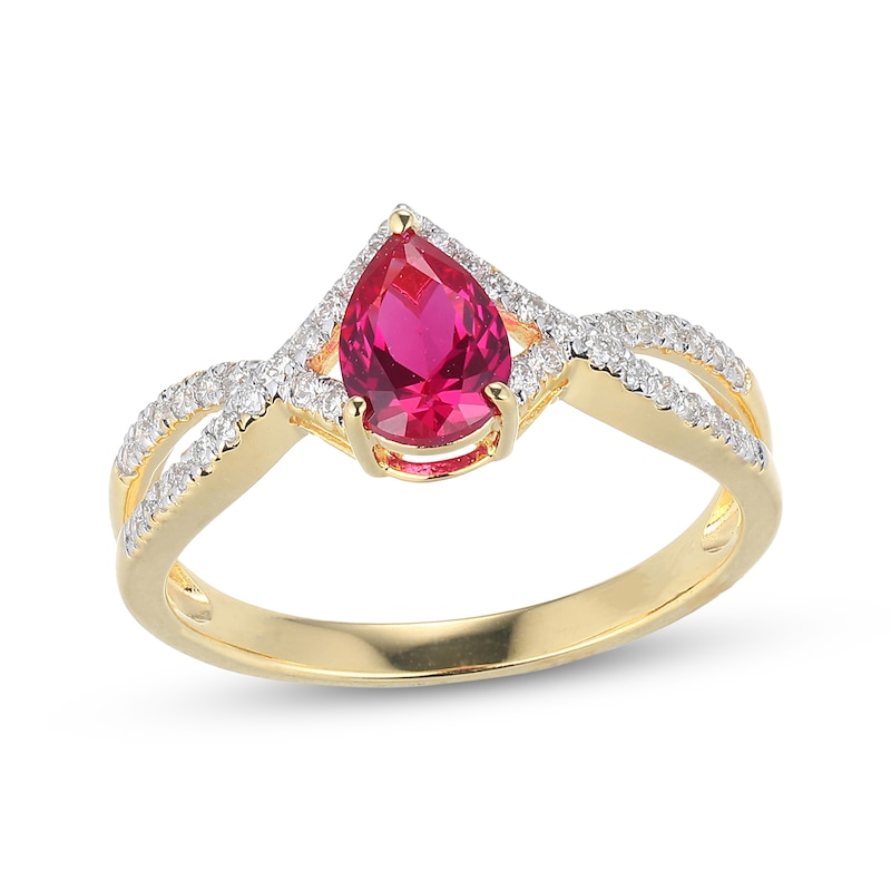 Pear-Shaped Lab-Created Ruby & Diamond Ring 1/5 ct tw 10K Yellow Gold