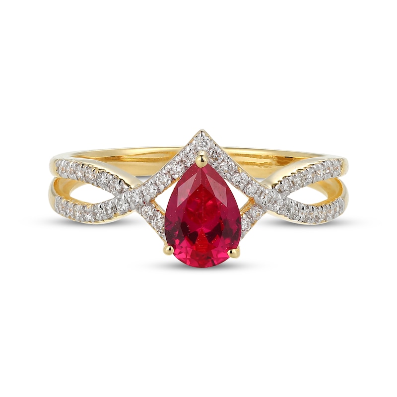 Pear-Shaped Lab-Created Ruby & Diamond Ring 1/5 ct tw 10K Yellow Gold