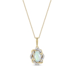 Oval-Cut Opal & Round-Cut Diamond Twist Frame Necklace 1/20 ct tw 10K Yellow Gold 18”