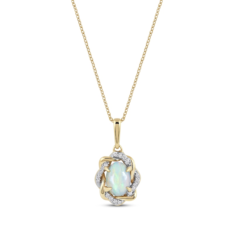 Main Image 1 of Oval-Cut Opal & Round-Cut Diamond Twist Frame Necklace 1/20 ct tw 10K Yellow Gold 18”