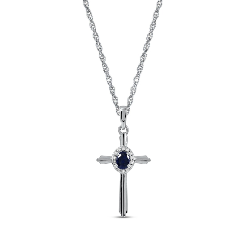 Main Image 1 of Blue Sapphire & Diamond Cross Necklace 1/20 ct tw 10K White Gold 18&quot;