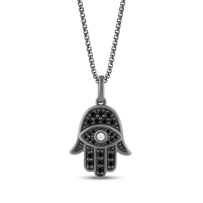 Main Image 1 of Ink & Ice Onyx, Black & White Diamond Hamsa Hand Necklace 1/20 ct tw Black Rhodium-Plated Sterling Silver 18&quot;