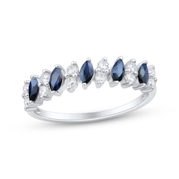 Marquise-Cut Natural Blue Sapphire & Round-Cut Diamond Anniversary Ring 1/5 ct tw 10K White Gold