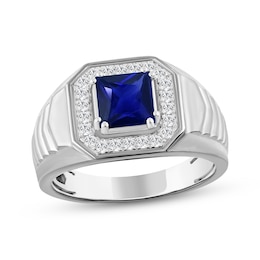 Men's Square-Cut Blue Lab-Created Sapphire & Diamond Ring 1/4 ct tw 10K White Gold