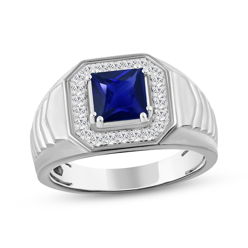 Main Image 1 of Men's Square-Cut Blue Lab-Created Sapphire & Diamond Ring 1/4 ct tw 10K White Gold