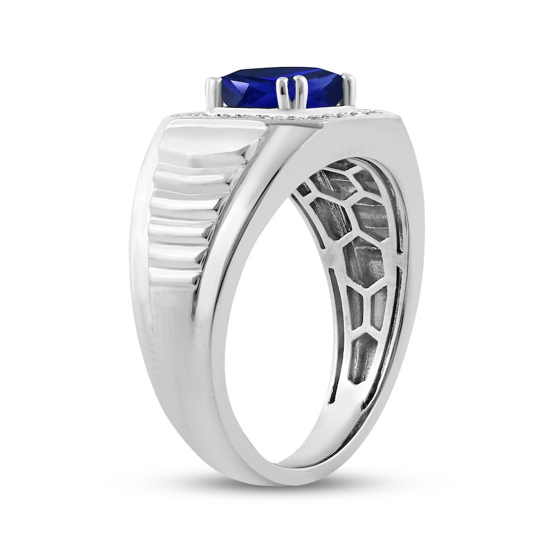 Main Image 2 of Men's Square-Cut Blue Lab-Created Sapphire & Diamond Ring 1/4 ct tw 10K White Gold