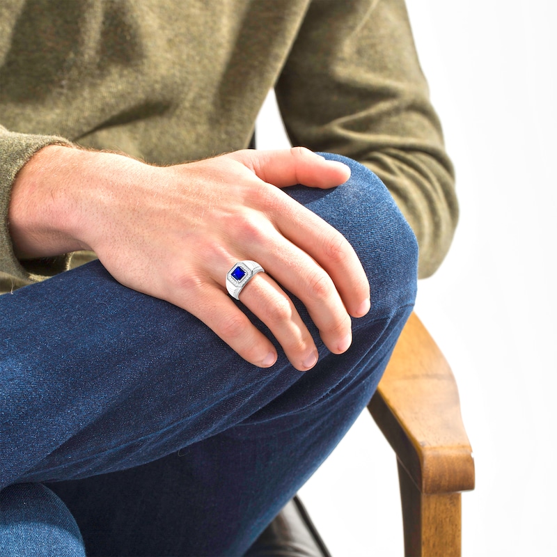 Main Image 3 of Men's Square-Cut Blue Lab-Created Sapphire & Diamond Ring 1/4 ct tw 10K White Gold