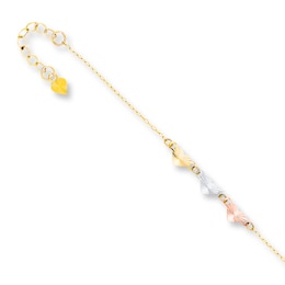 Heart Anklet Solid 14K Tri-Color Gold 9"