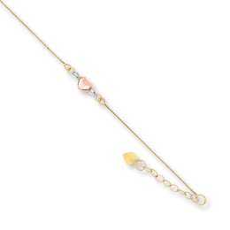 Puffed Heart Anklet Semi-Solid 14K Tri-Color Gold 10&quot;