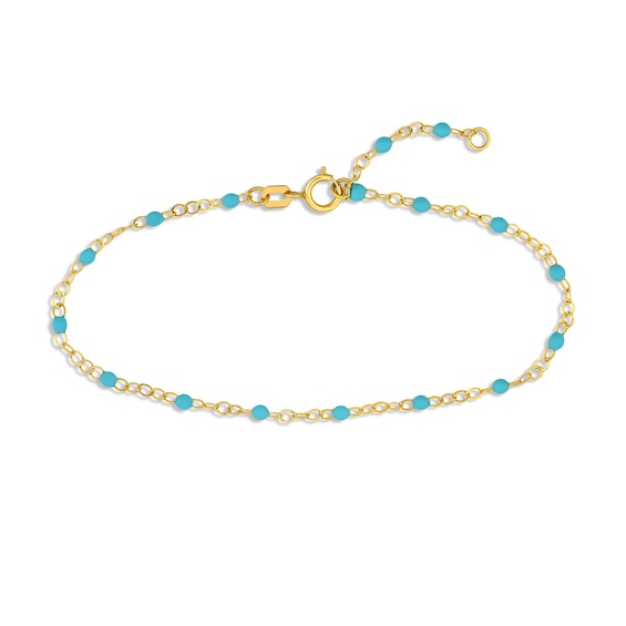 Blue Enamel Disc Curb Chain Bracelet 14K Yellow Gold 7.5"