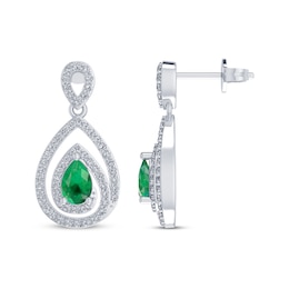 Pear-Shaped Lab-Created Emerald & White Lab-Created Sapphire Dangle Earrings Sterling Silver