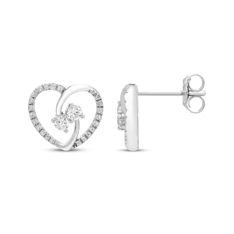 Main Image 3 of Diamond Two-Stone Heart Stud Earrings 1/3 ct tw Sterling Silver