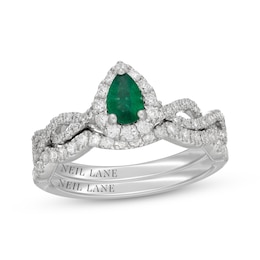 Neil Lane Pear-Shaped Natural Emerald & Diamond Halo Twist Bridal Set 5/8 ct tw 14K White Gold