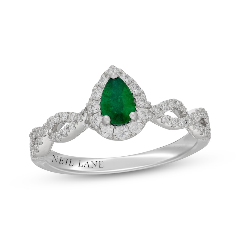 Neil Lane Pear-Shaped Natural Emerald & Diamond Halo Engagement Ring 3/8 ct tw 14K White Gold