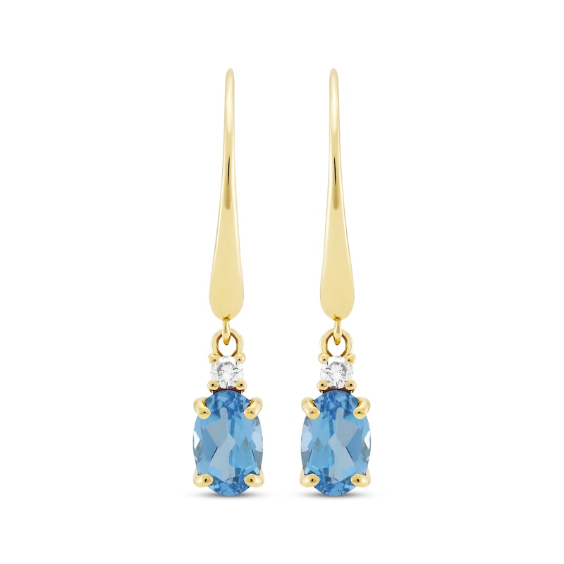 Main Image 2 of Oval-Cut Swiss Blue Topaz & Diamond Dangle Earrings 10K Yellow Gold