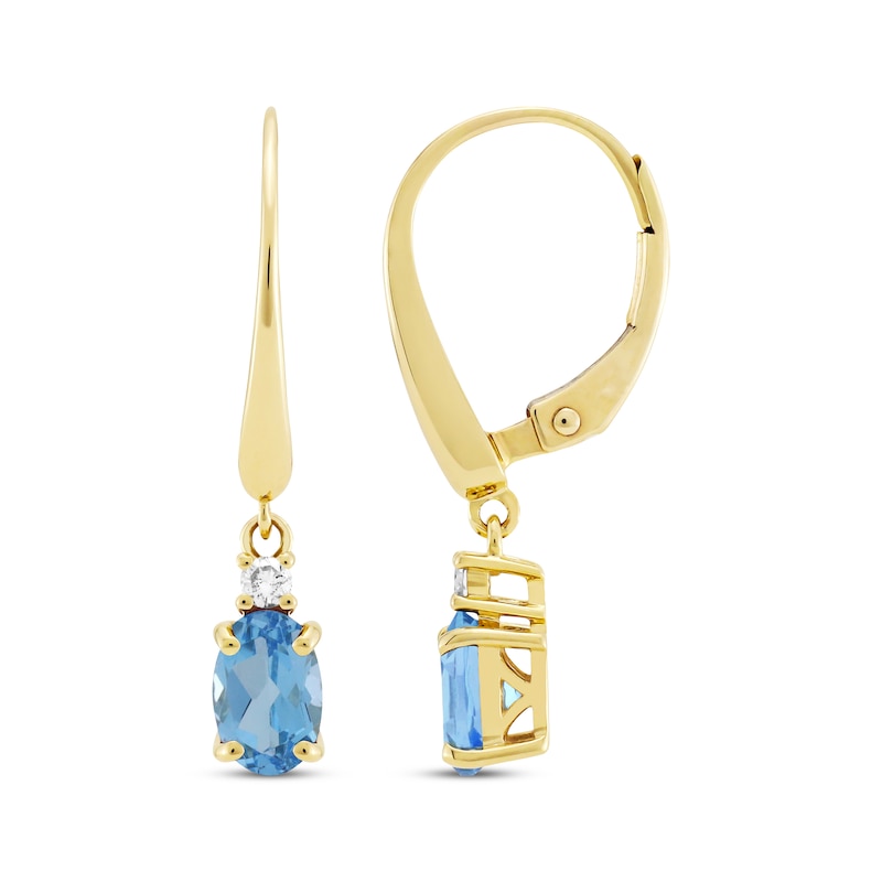 Main Image 3 of Oval-Cut Swiss Blue Topaz & Diamond Dangle Earrings 10K Yellow Gold