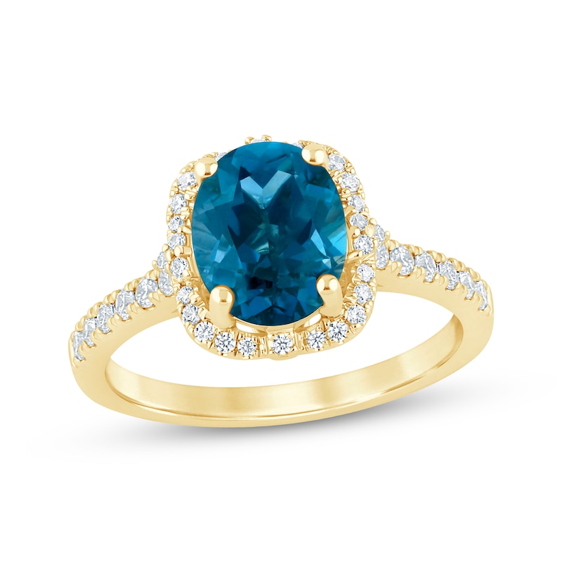 Main Image 1 of Oval-Cut London Blue Topaz & Diamond Halo Engagement Ring 1/3 ct tw 14K Yellow Gold