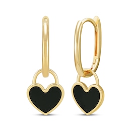 Charmed Memories Enamel Heart Dangle Hoop Earrings 10K Yellow Gold