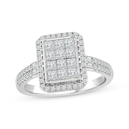 Now + Forever Princess-Cut Multi-Diamond Center Elongated Cushion Engagement Ring 1 ct tw 14K White Gold