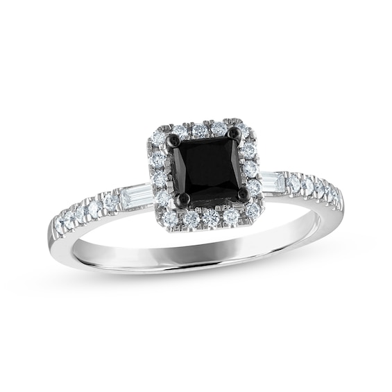 Princess-Cut Black Diamond & White Diamond Halo Engagement Ring 1 ct tw 14K White Gold