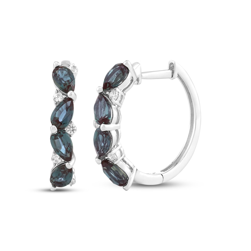 Main Image 1 of Pear-Shaped Lab-Created Alexandrite & White Lab-Created Sapphire Tilted Hoop Earrings Sterling Silver