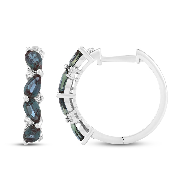 Main Image 3 of Pear-Shaped Lab-Created Alexandrite & White Lab-Created Sapphire Tilted Hoop Earrings Sterling Silver