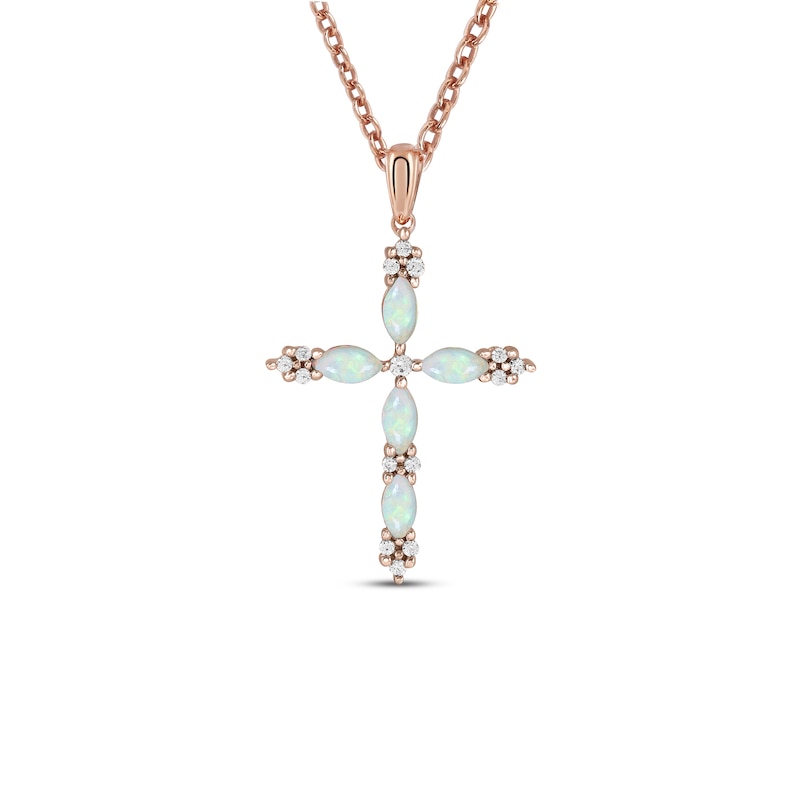 Main Image 1 of Ethiopian Opal & Diamond Cross Necklace 1/15 ct tw 10K Rose Gold 18&quot;