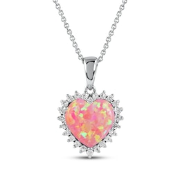 Pink Lab-Created Opal & White Lab-Created Sapphire Heart Necklace Sterling Silver 18&quot;