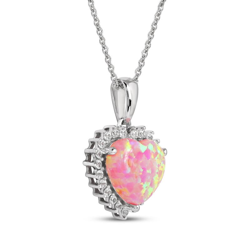 Main Image 2 of Pink Lab-Created Opal & White Lab-Created Sapphire Heart Necklace Sterling Silver 18&quot;