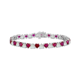 Heart-Shaped Lab-Created Opal & Lab-Created Ruby Tennis Bracelet Sterling Silver 7.5&quot;