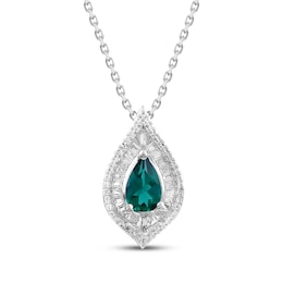 Pear-Shaped Lab-Created Emerald & White Lab-Created Sapphire Necklace Sterling Silver 18"