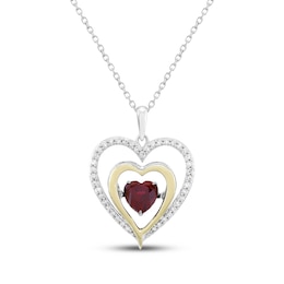 Lab-Created Ruby & Diamond Double Heart Necklace 1/5 ct tw Sterling Silver & 10K Yellow Gold 18&quot;