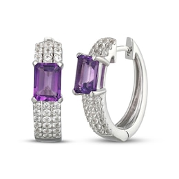 Emerald-Cut Amethyst & White Lab-Created Sapphire Huggie Hoop Earrings Sterling Silver