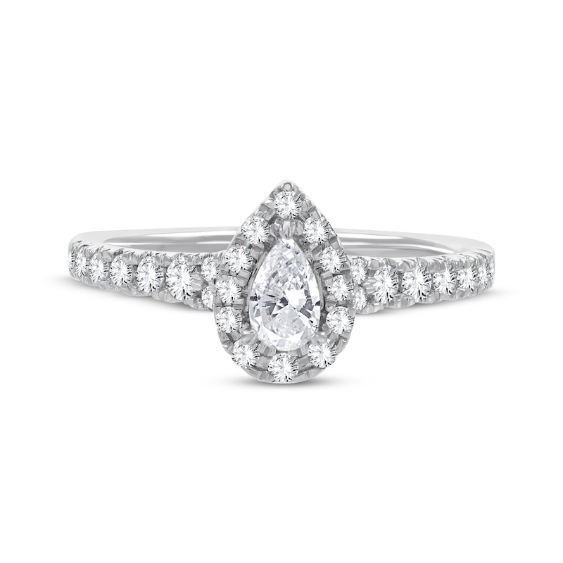 Diamond Halo Pear Shaped Engagement Ring .75 CTW Round Cut 14K White G –  Exotic Diamonds