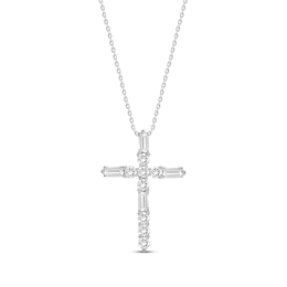 Baguette & Round-Cut Diamond Cross Necklace 1/4 ct tw 10K White Gold 18&quot;