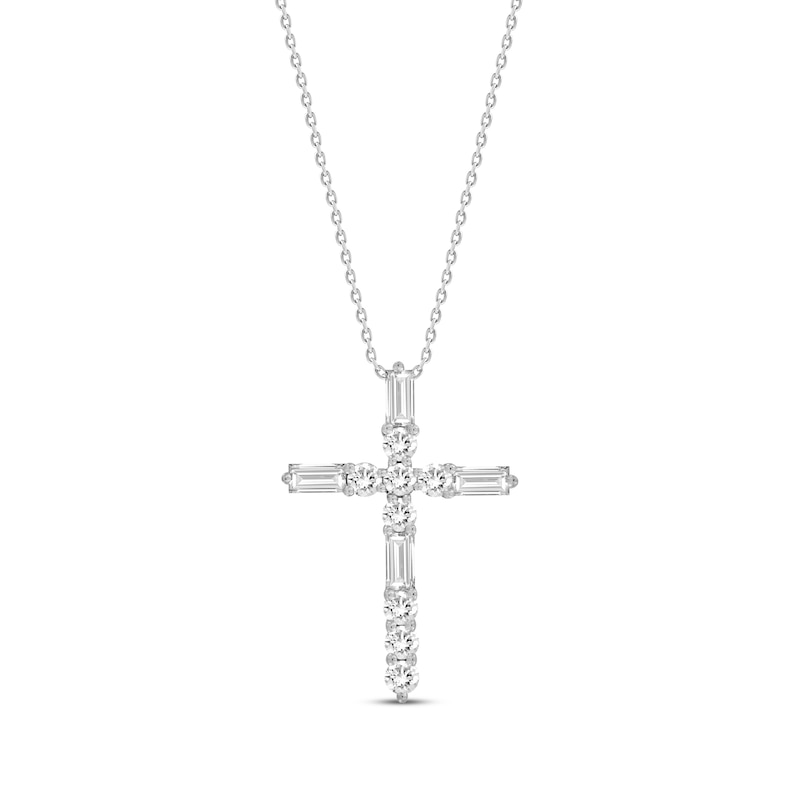 Main Image 1 of Baguette & Round-Cut Diamond Cross Necklace 1/4 ct tw 10K White Gold 18&quot;