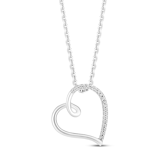 Diamond Tilted Heart Necklace, Silver or White Gold