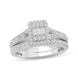 Now + Forever Baguette & Round-Cut Multi-Diamond Halo Bridal Set 1/3 ct tw 10K White Gold